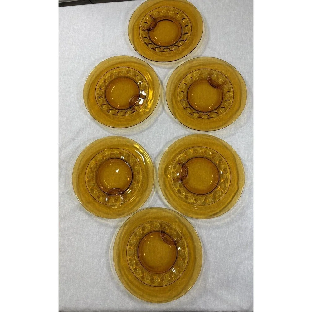 Vintage Indiana Glass Kings Crown Thumbprint Amber Snack Set 6 Plates 6Cups